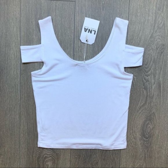 LNA Teresitas Crop Tank Top Cut Out Cold Shoulder Boat neck Cotton White Size S - Picture 13 of 14